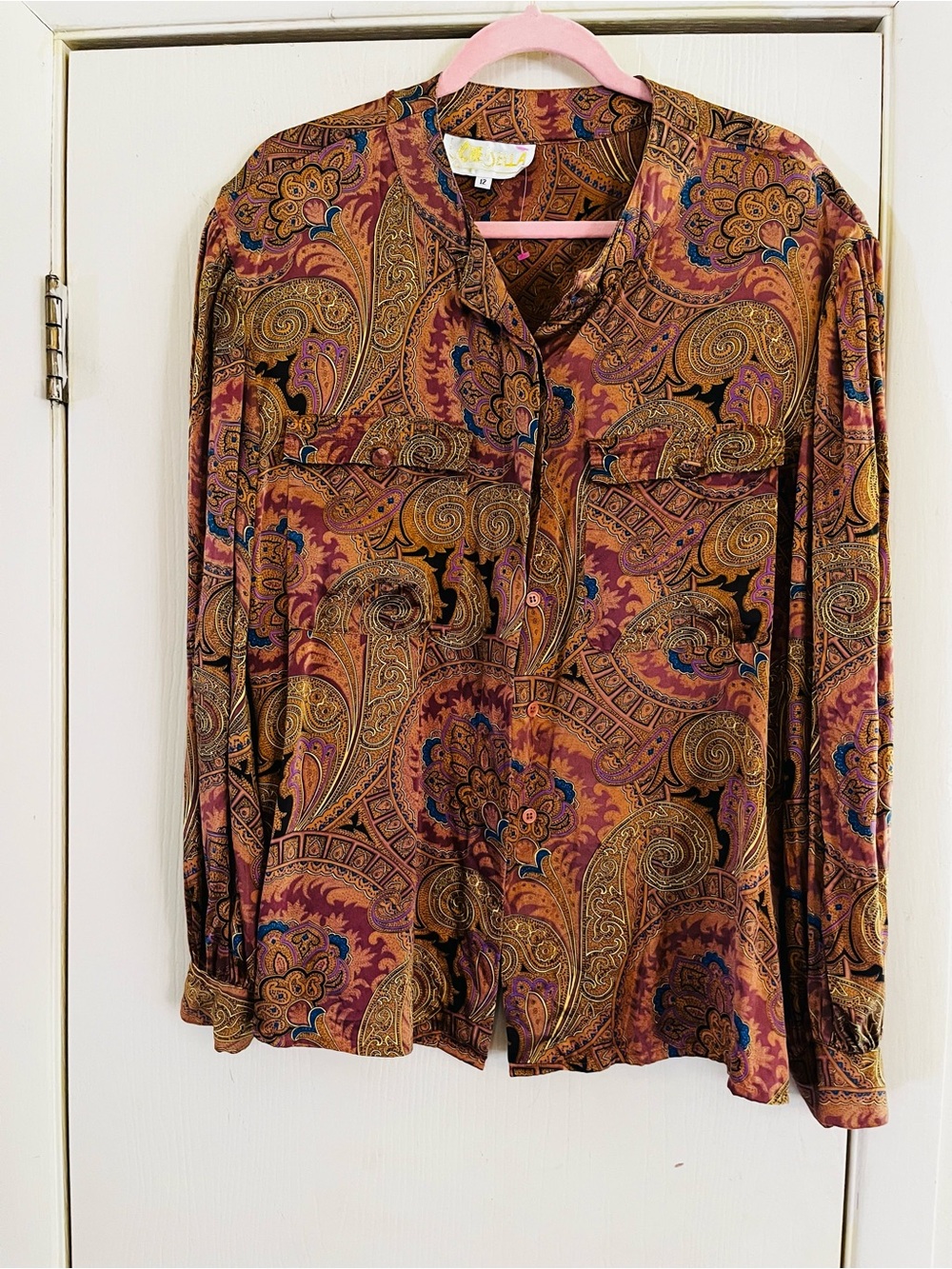 VTG 100% Silk Old Money Paisley Boho 70s Button Front Balloon Sleeve Blouse L